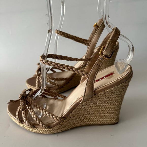 Prada Wedge Platform Sandals Cream Leather Ankle Strap Cork  Size 39.5 - Picture 4 of 9